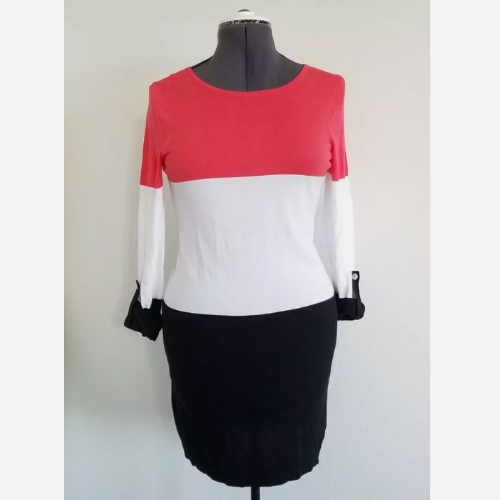 Tommy Bahama Knit Color Block Sweater Dress Roll Tab Sleeve Sz M